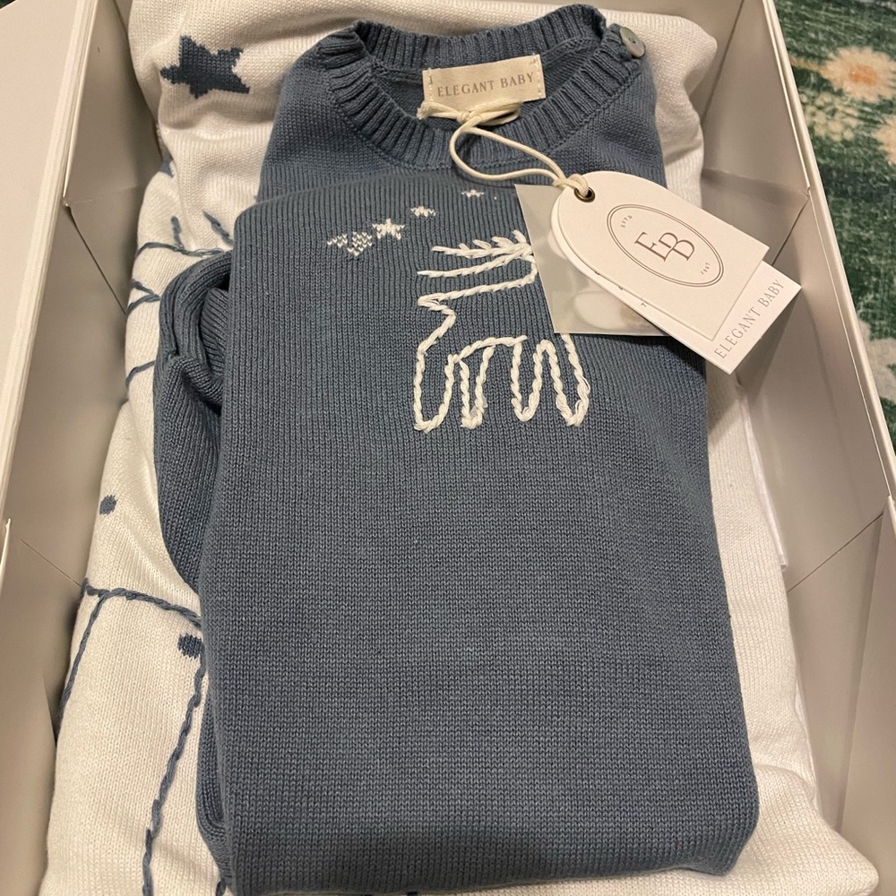 Baby Boy First Christmas Outfit And Matching Blanket Blue Hand Embroidered 3-6m
